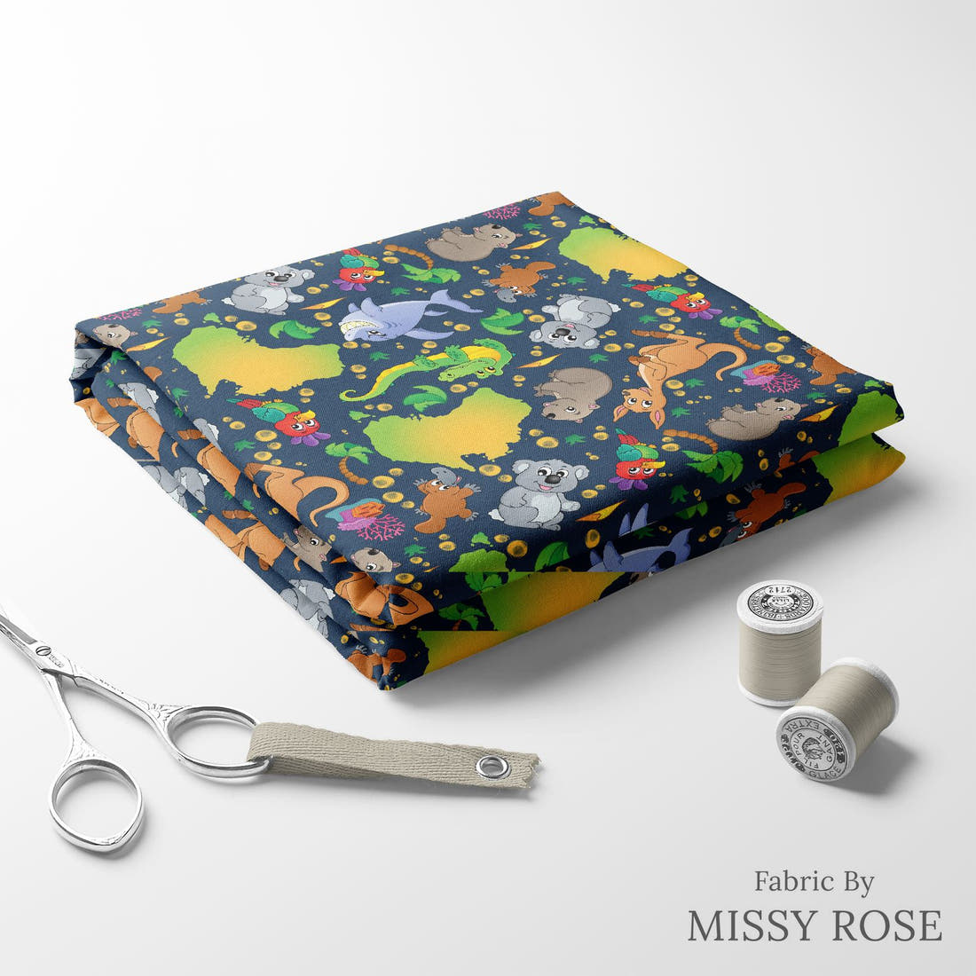Design 457 Navy Map Fabric folded fabric stack with matching thread – pre-order fabric Australia | Fabric by Missy Rose