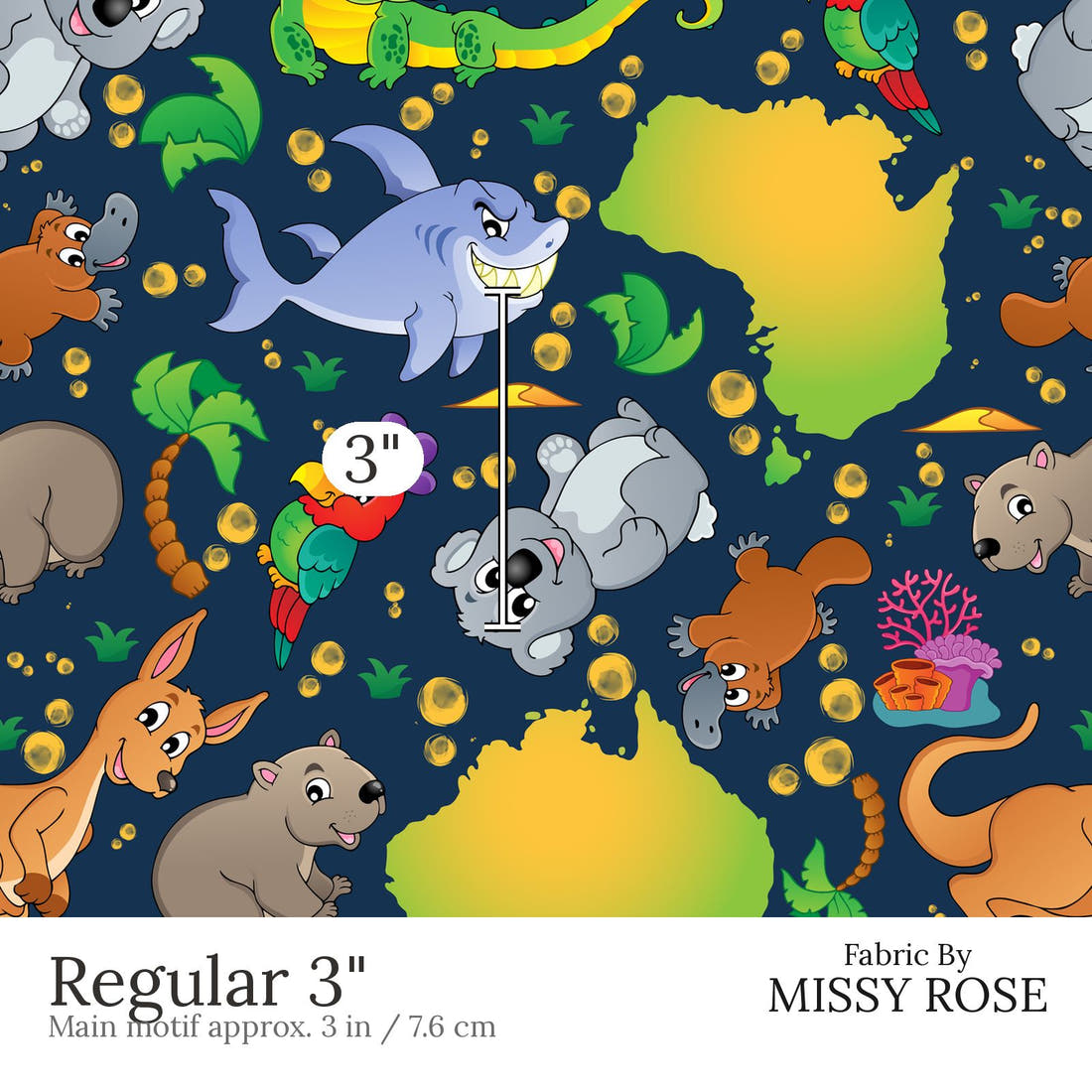 Design 457 Navy Map Fabric Regular 3 inch print scale guide | Fabric by Missy Rose