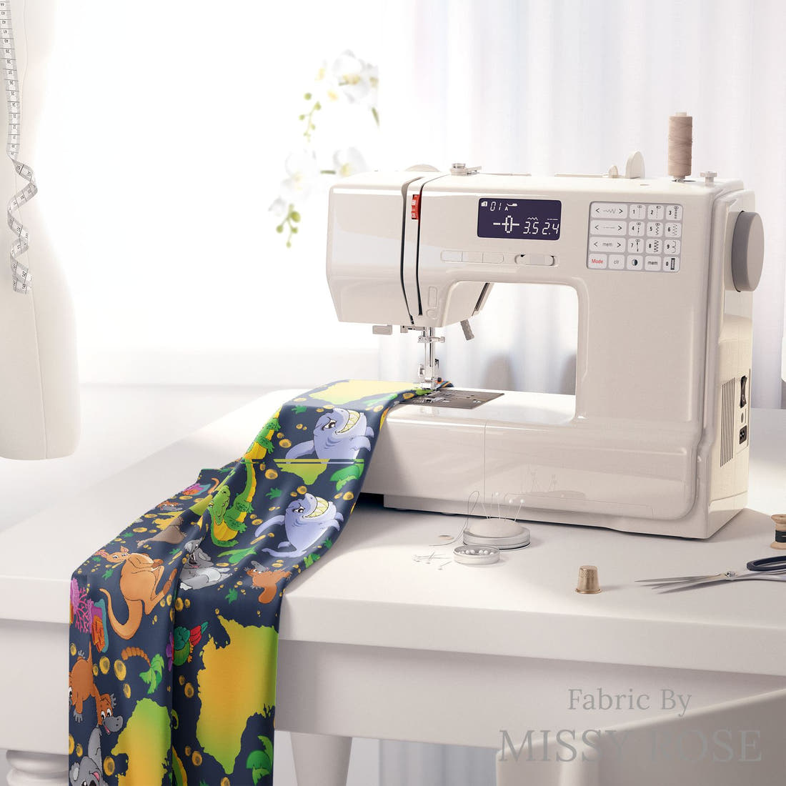 Design 457 Navy Map Fabric on a sewing machine – premium fabric for sewing projects | Fabric by Missy Rose