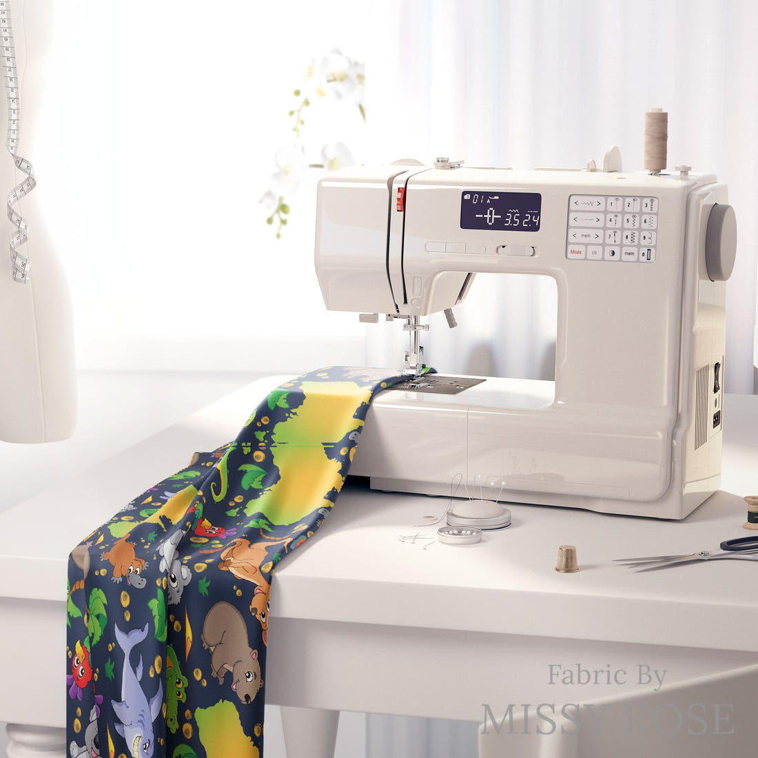 Design 457 Navy Map Fabric on a sewing machine – premium fabric for sewing projects | Fabric by Missy Rose