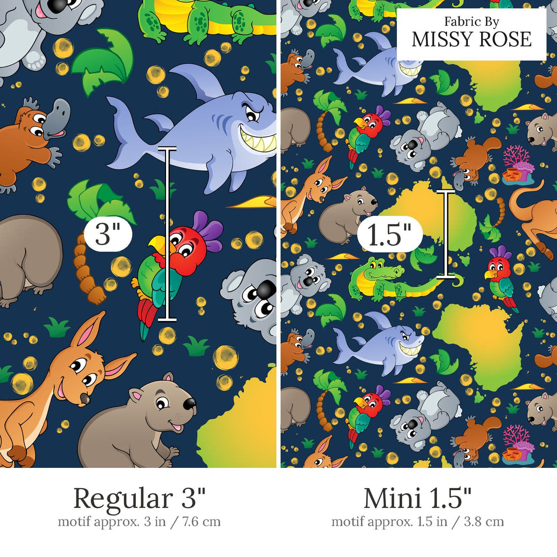 Design 457 Navy Map Fabric Regular 3 inch vs Mini 1.5 inch print scale side by side | Fabric by Missy Rose
