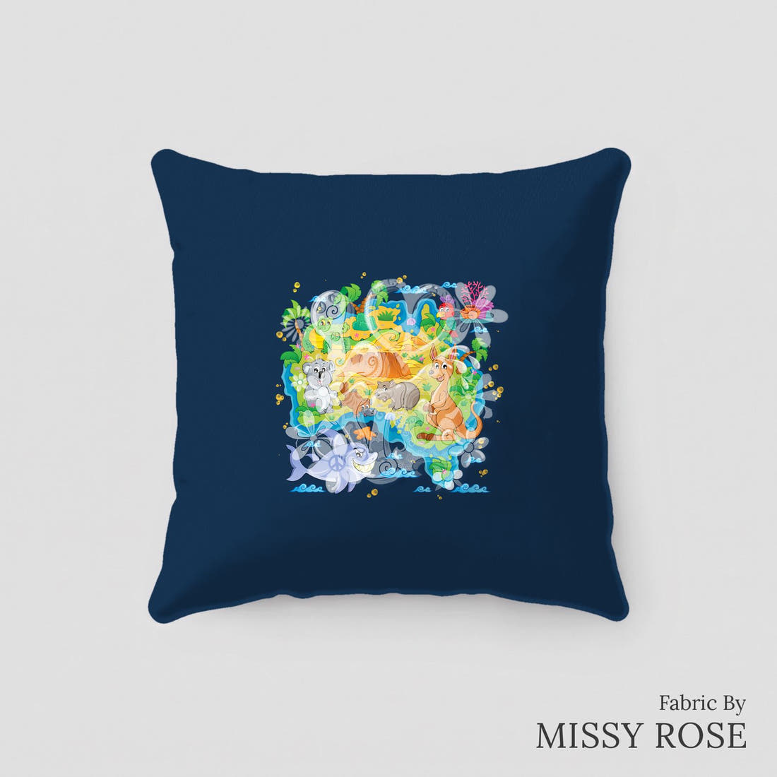 Design 457 Navy Map Panel sewn into a cushion – see how the panel looks made up | Fabric by Missy Rose