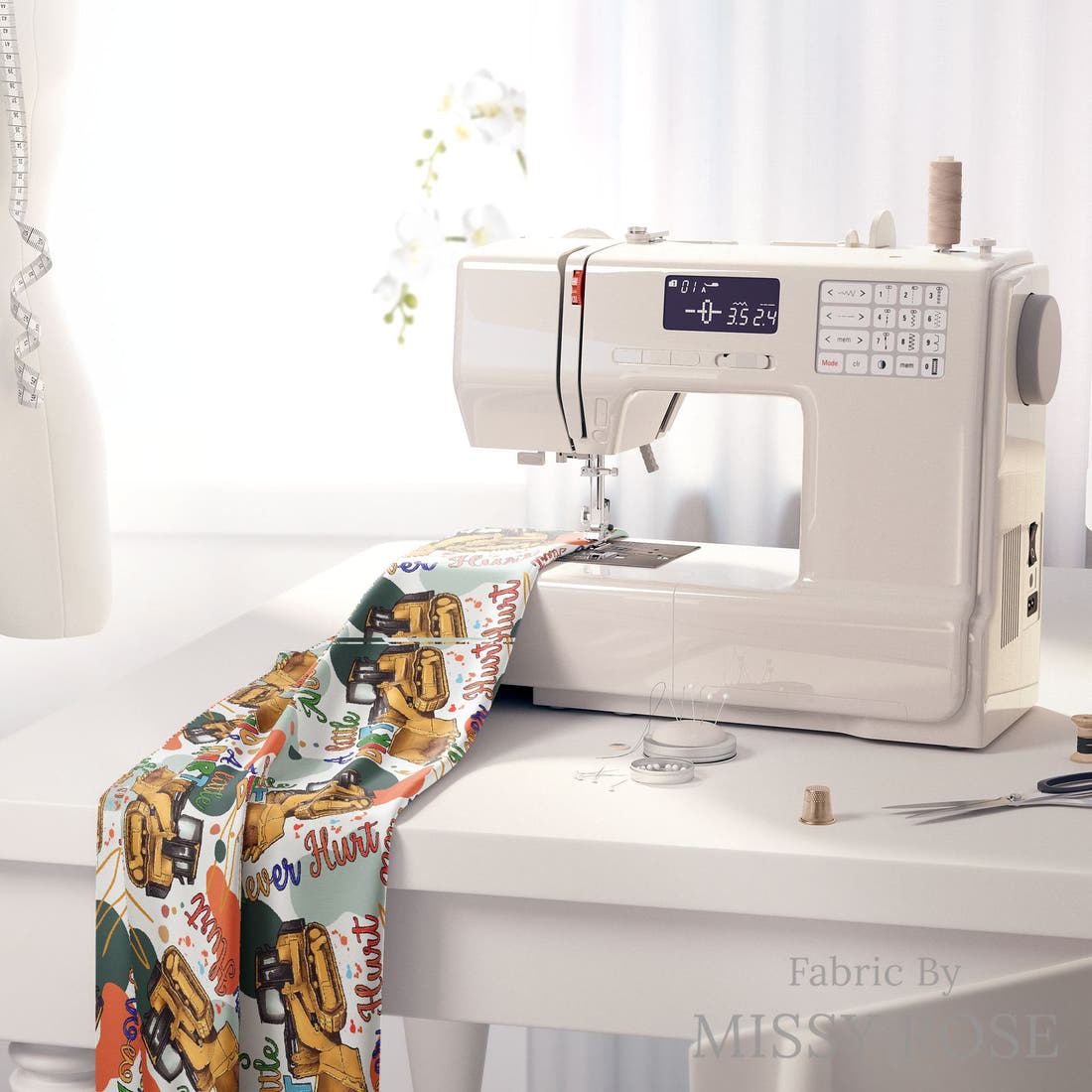 Design 458 Dirt Fabric on a sewing machine – premium fabric for sewing projects | Fabric by Missy Rose