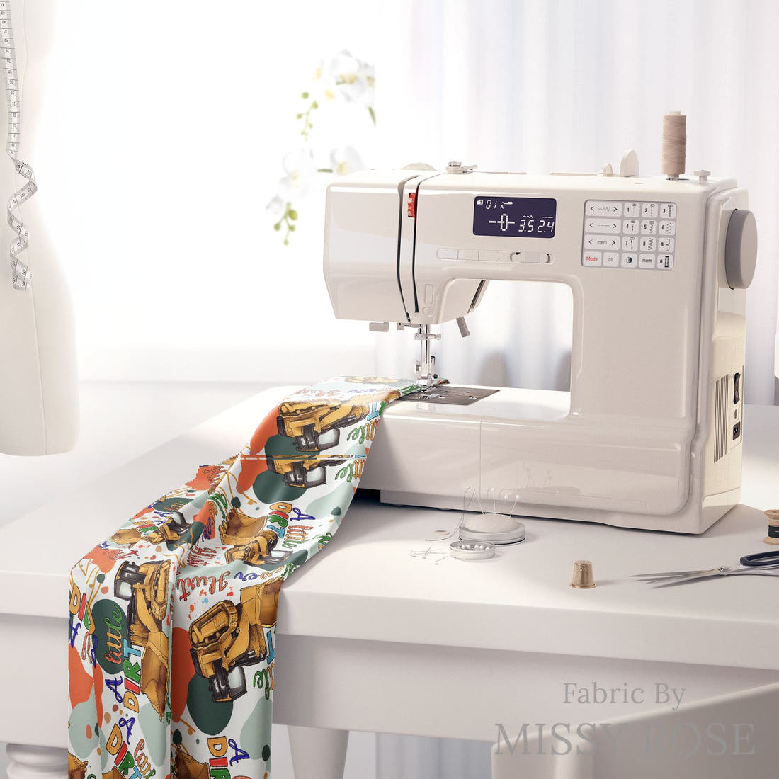 Design 458 Dirt Fabric on a sewing machine – premium fabric for sewing projects | Fabric by Missy Rose