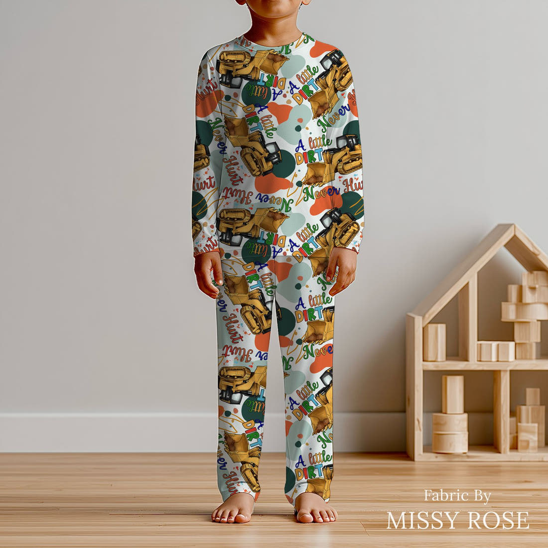 Design 458 Dirt Fabric sewn into kids' pyjamas – see how the print looks made up | Fabric by Missy Rose
