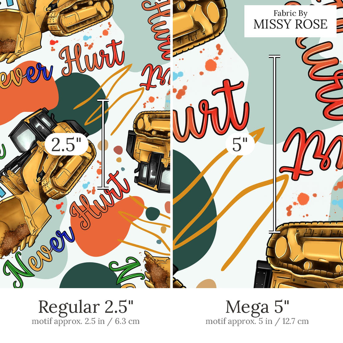 Design 458 Dirt Fabric Regular 2.5 inch vs Mega 5 inch print scale side by side | Fabric by Missy Rose