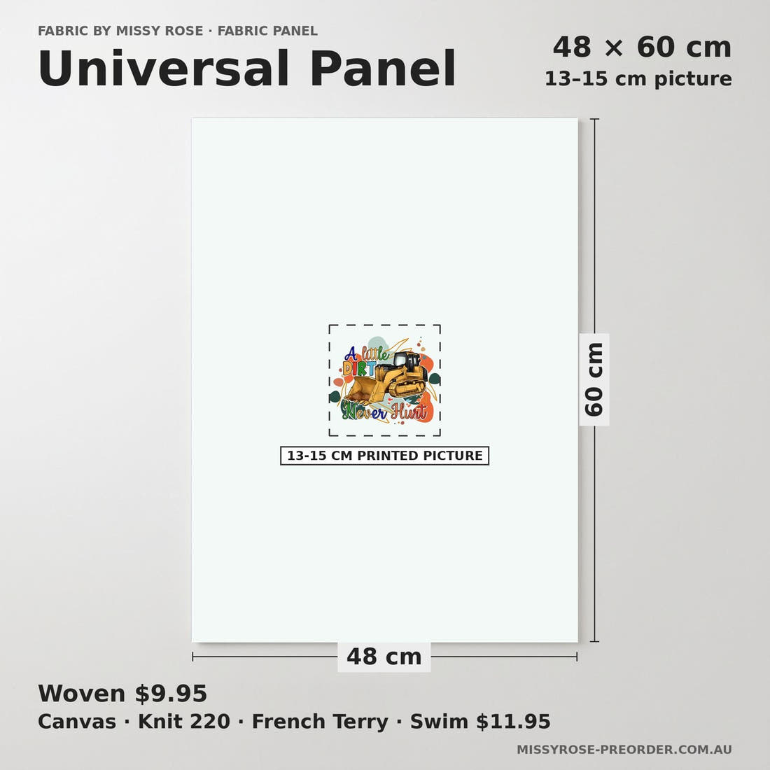 Design 458 Dirt Panel universal panel sizing – 13–15 cm printed picture on 48 × 60 cm fabric | Fabric by Missy Rose