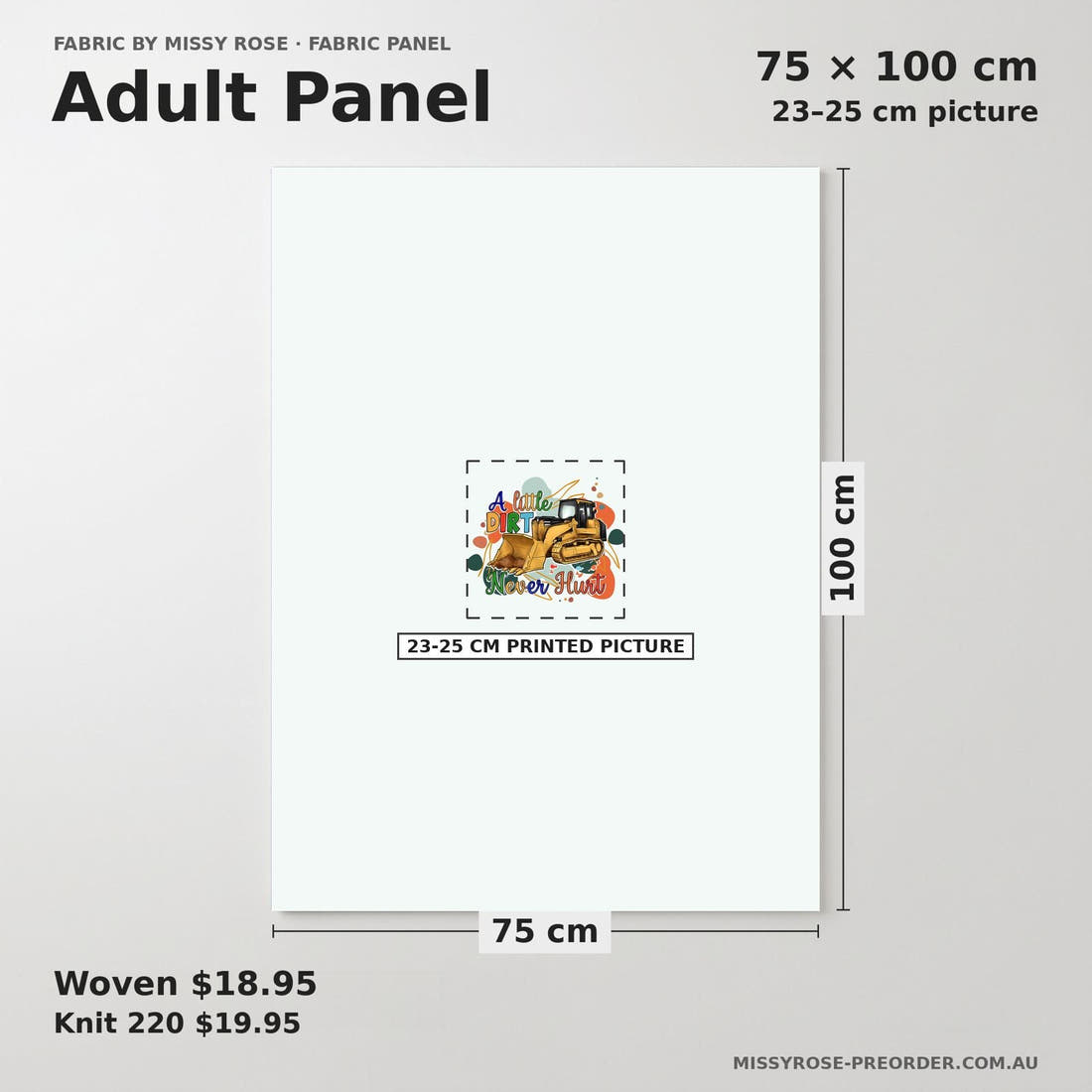 Design 458 Dirt Panel adult panel sizing – 23–25 cm printed picture on 75 × 100 cm fabric | Fabric by Missy Rose