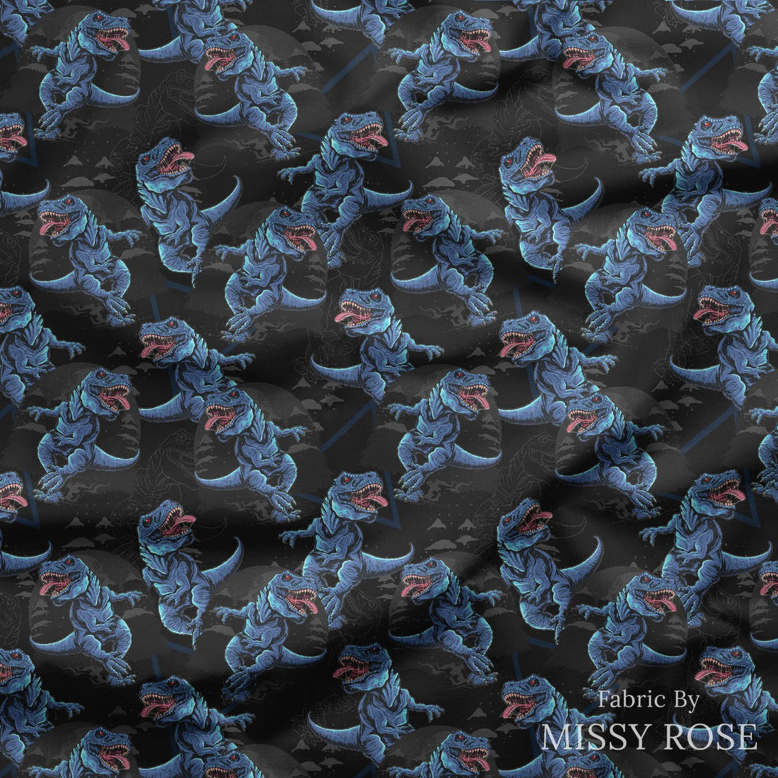 Design 459 Dinosaur Fabric draped fabric mockup – custom printed fabric by the metre | Fabric by Missy Rose