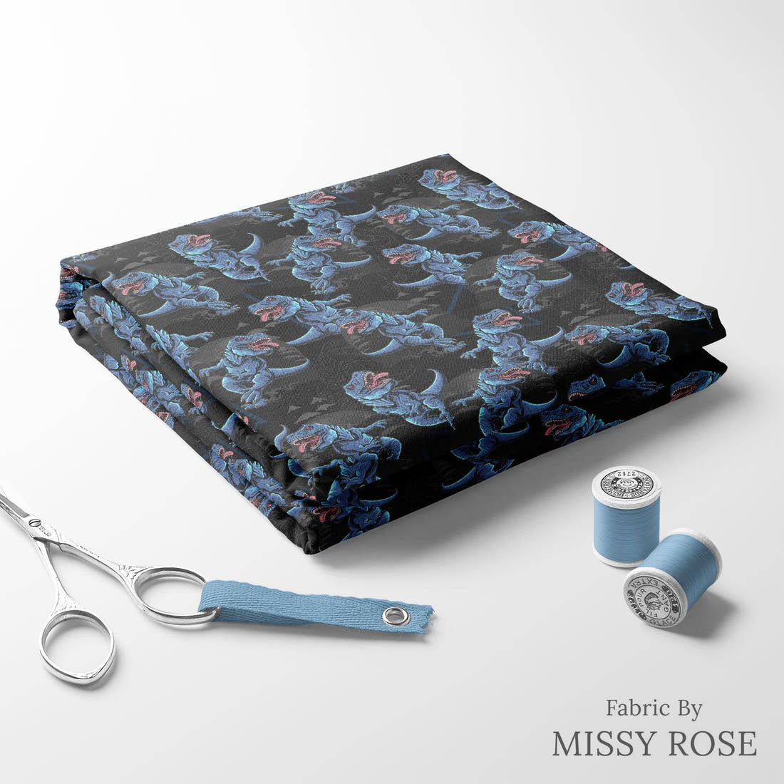 Design 459 Dinosaur Fabric folded fabric stack with matching thread – pre-order fabric Australia | Fabric by Missy Rose