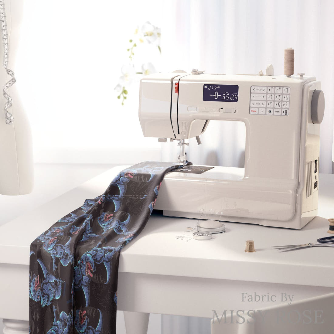 Design 459 Dinosaur Fabric on a sewing machine – premium fabric for sewing projects | Fabric by Missy Rose