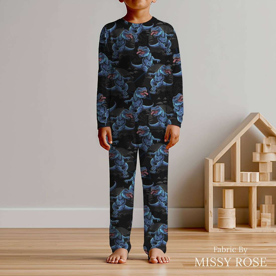 Design 459 Dinosaur Fabric sewn into kids' pyjamas – see how the print looks made up | Fabric by Missy Rose