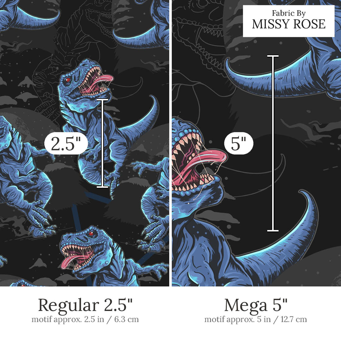 Design 459 Dinosaur Fabric Regular 2.5 inch vs Mega 5 inch print scale side by side | Fabric by Missy Rose