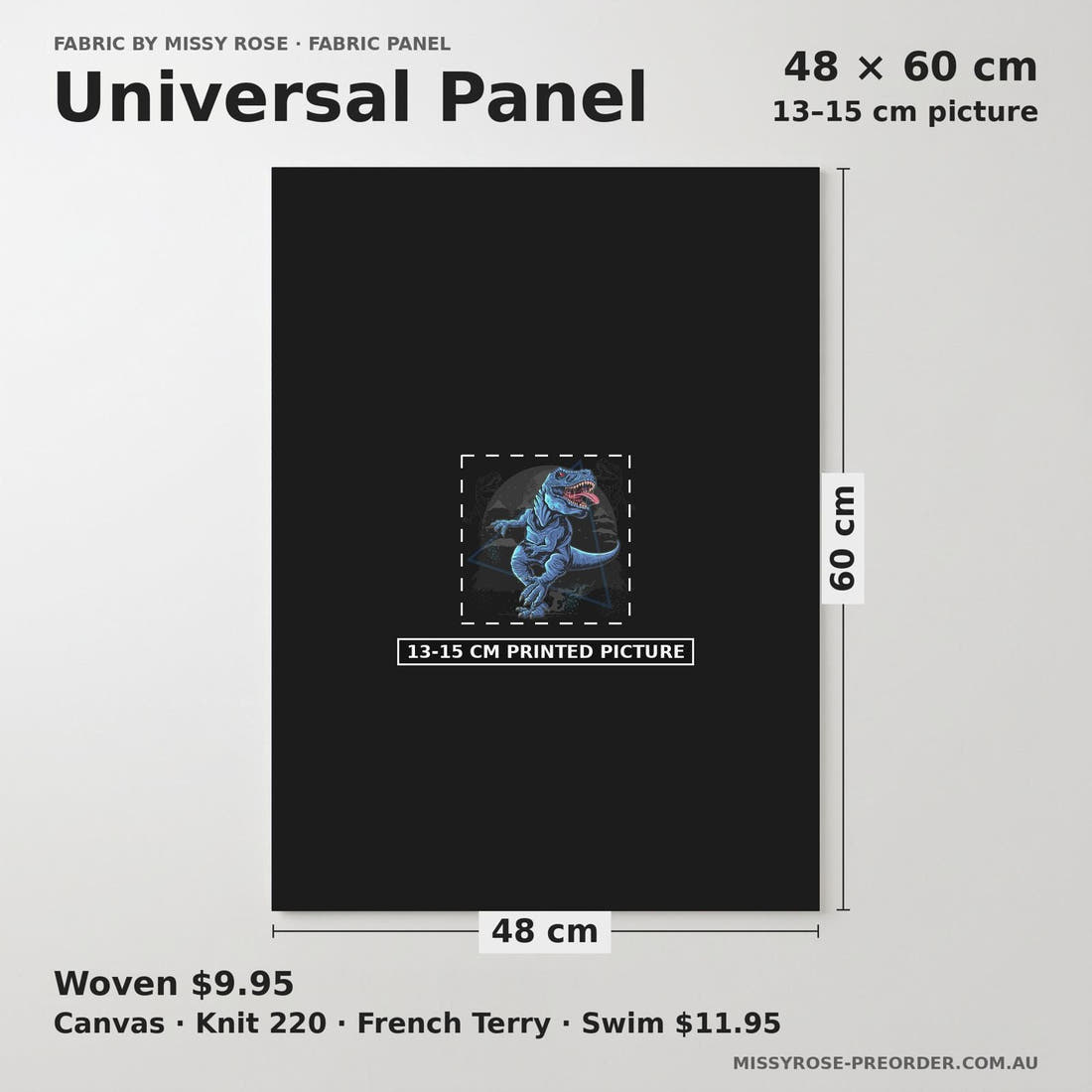 Design 459 Dinosaur Panel universal panel sizing – 13–15 cm printed picture on 48 × 60 cm fabric | Fabric by Missy Rose