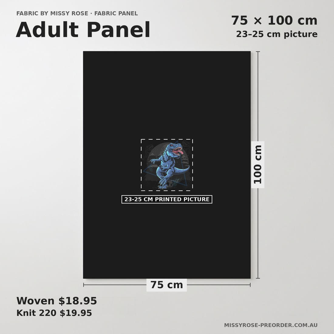 Design 459 Dinosaur Panel adult panel sizing – 23–25 cm printed picture on 75 × 100 cm fabric | Fabric by Missy Rose