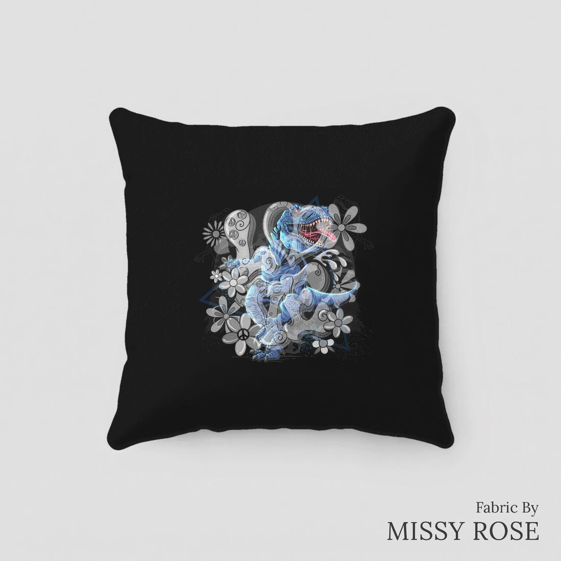 Design 459 Dinosaur Panel sewn into a cushion – see how the panel looks made up | Fabric by Missy Rose
