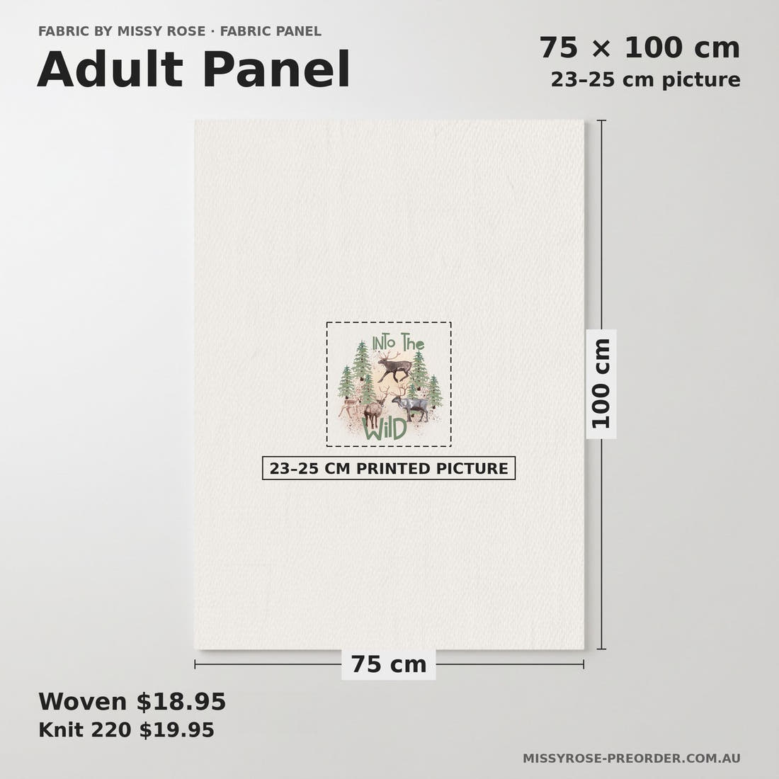 Design 46 Wilderness Panel adult panel sizing – 23–25 cm printed picture on 75 × 100 cm fabric | Fabric by Missy Rose