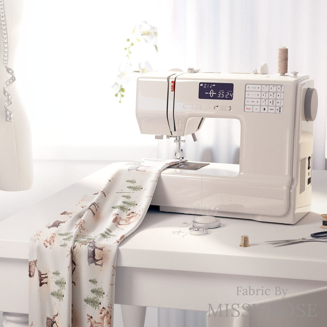 Design 46 Wilderness Fabric on a sewing machine – premium fabric for sewing projects | Fabric by Missy Rose