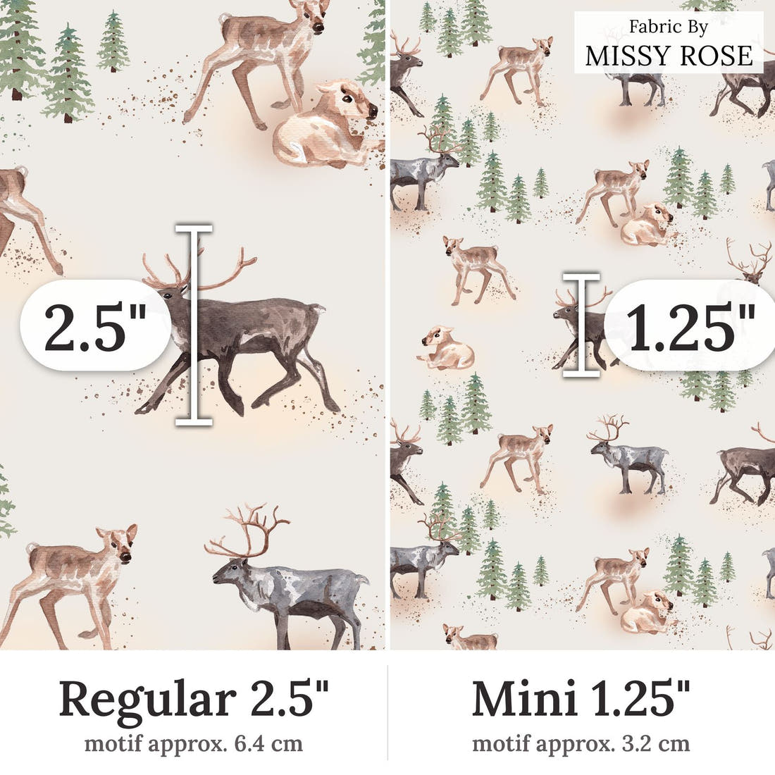 Design 46 Wilderness Fabric Regular 2.5 inch vs Mini 1.25 inch print scale side by side | Fabric by Missy Rose