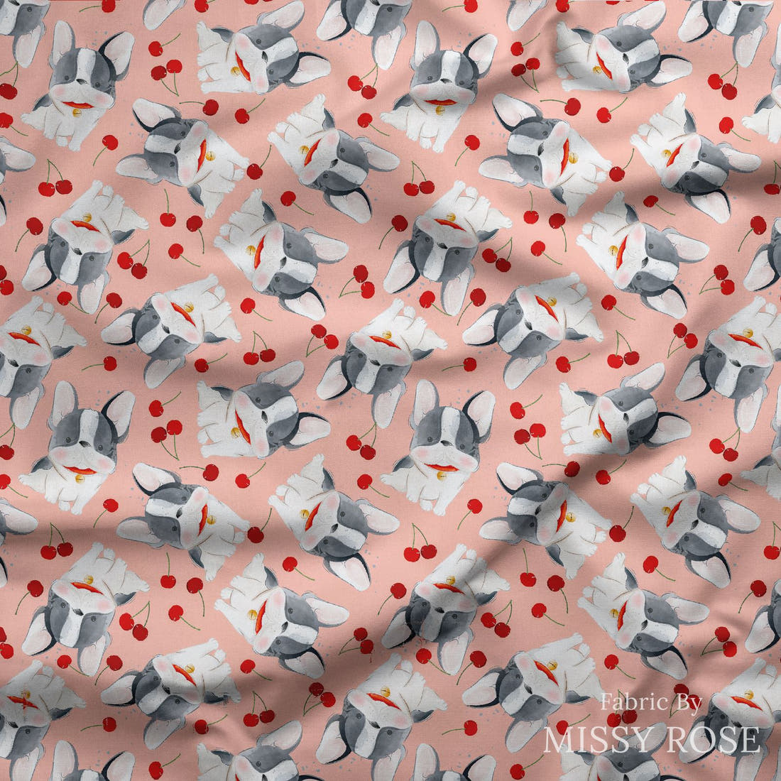 Design 460 Cherry Bulldog Fabric draped fabric mockup – custom printed fabric by the metre | Fabric by Missy Rose