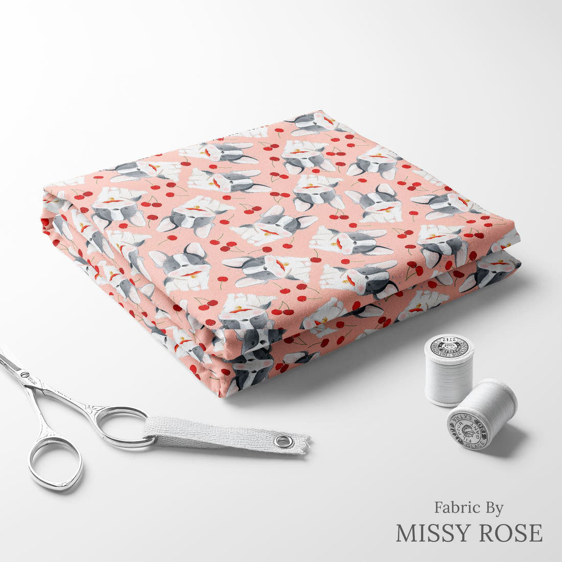 Design 460 Cherry Bulldog Fabric folded fabric stack with matching thread – pre-order fabric Australia | Fabric by Missy Rose