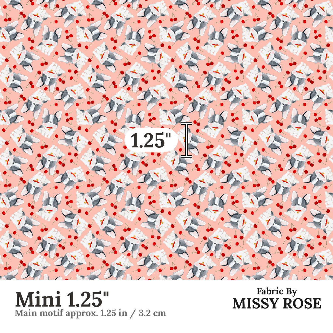 Design 460 Cherry Bulldog Fabric Mini 1.25" - print scale | Fabric by Missy Rose