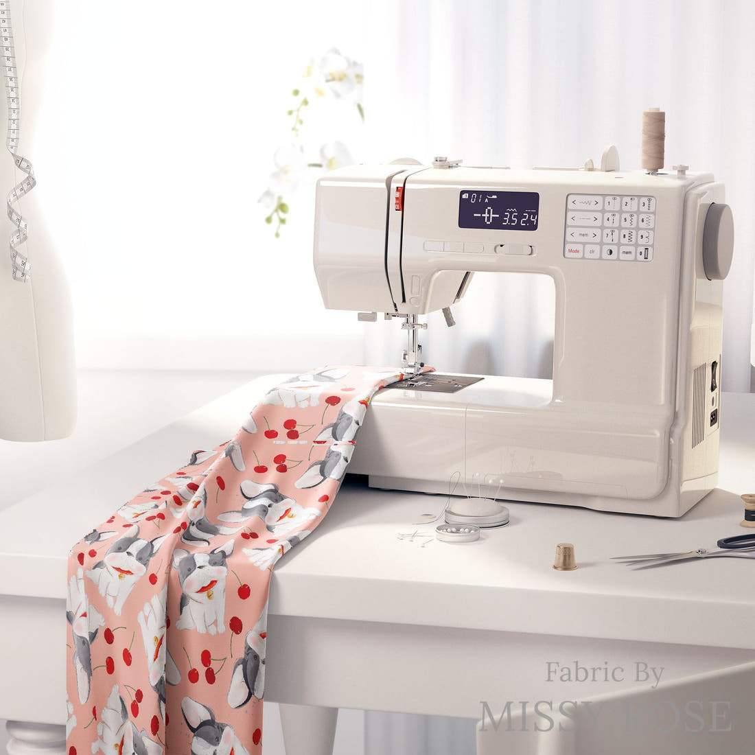 Design 460 Cherry Bulldog Fabric on a sewing machine – premium fabric for sewing projects | Fabric by Missy Rose