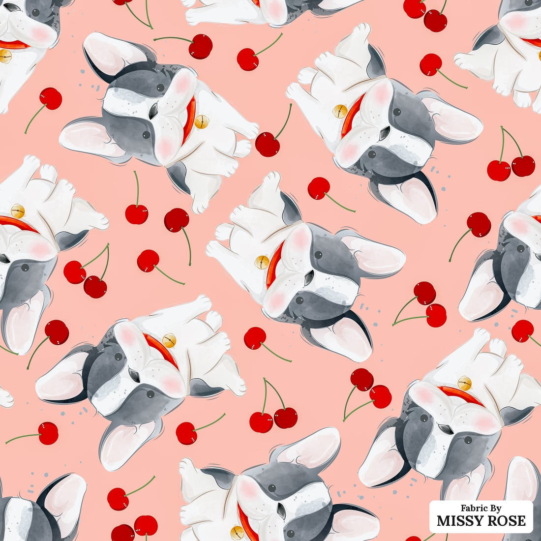 Design 460 Cherry Bulldog Fabric - flat view of the print, zoom in for detail | Fabric by Missy Rose