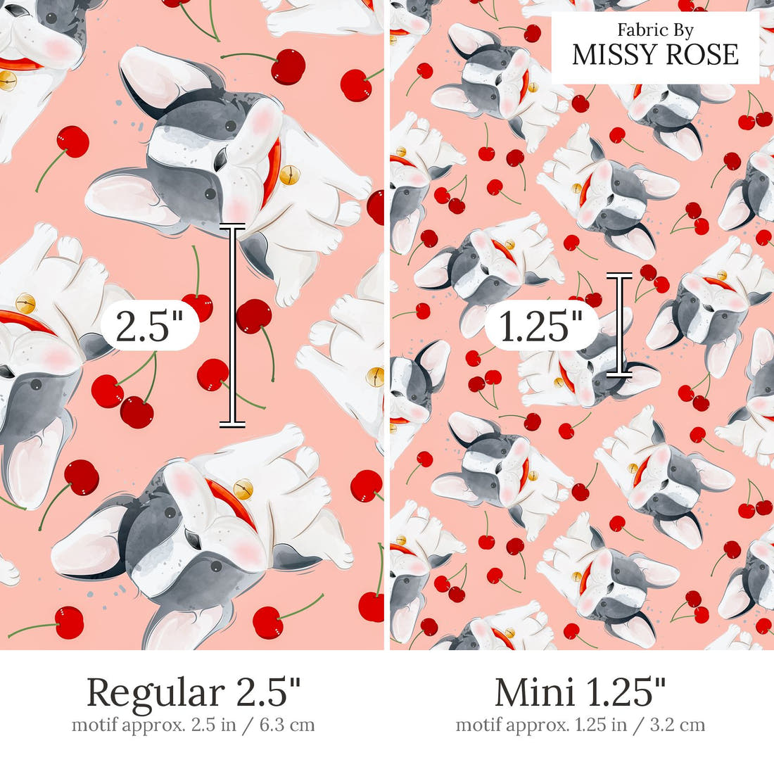 Design 460 Cherry Bulldog Fabric Regular 2.5 inch vs Mini 1.25 inch print scale side by side | Fabric by Missy Rose