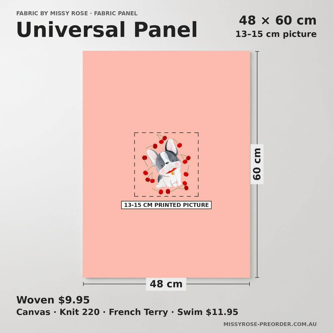 Design 460 Cherry Bulldog Panel universal panel sizing – 13–15 cm printed picture on 48 × 60 cm fabric | Fabric by Missy Rose