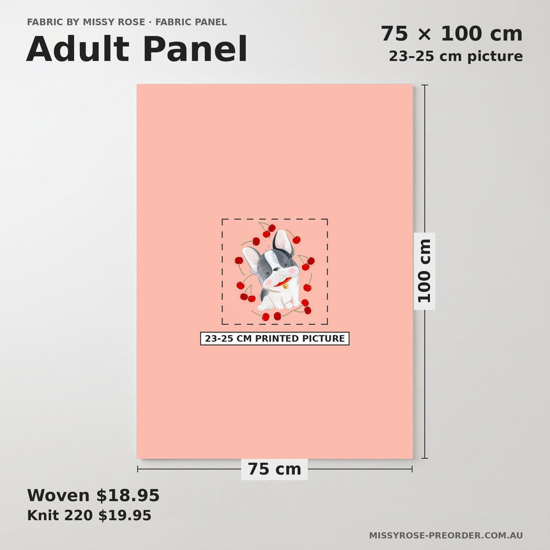 Design 460 Cherry Bulldog Panel adult panel sizing – 23–25 cm printed picture on 75 × 100 cm fabric | Fabric by Missy Rose