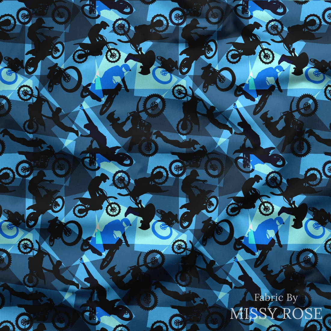 Design 461 Geometric Motorbike Fabric draped fabric mockup – custom printed fabric by the metre | Fabric by Missy Rose