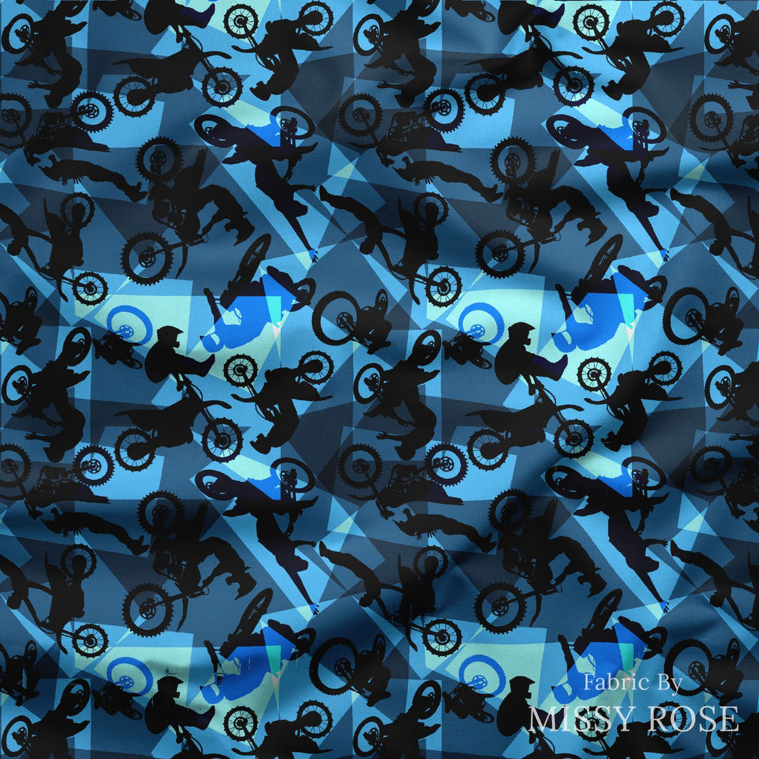 Design 461 Geometric Motorbike Fabric draped fabric mockup – custom printed fabric by the metre | Fabric by Missy Rose