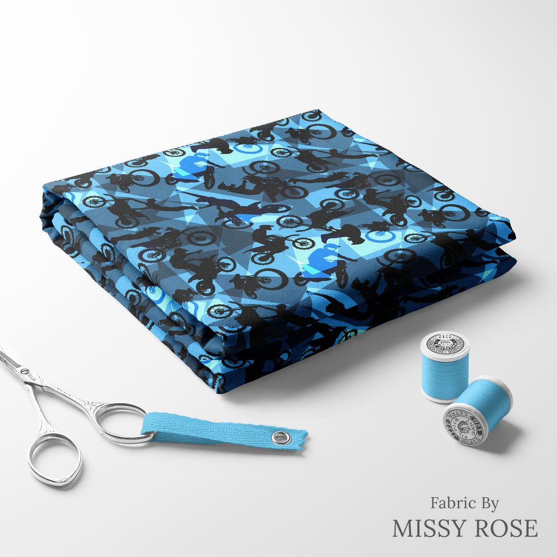 Design 461 Geometric Motorbike Fabric folded fabric stack with matching thread – pre-order fabric Australia | Fabric by Missy Rose
