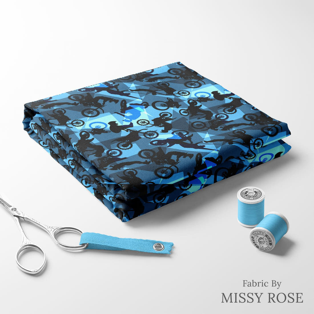 Design 461 Geometric Motorbike Fabric folded fabric stack with matching thread – pre-order fabric Australia | Fabric by Missy Rose