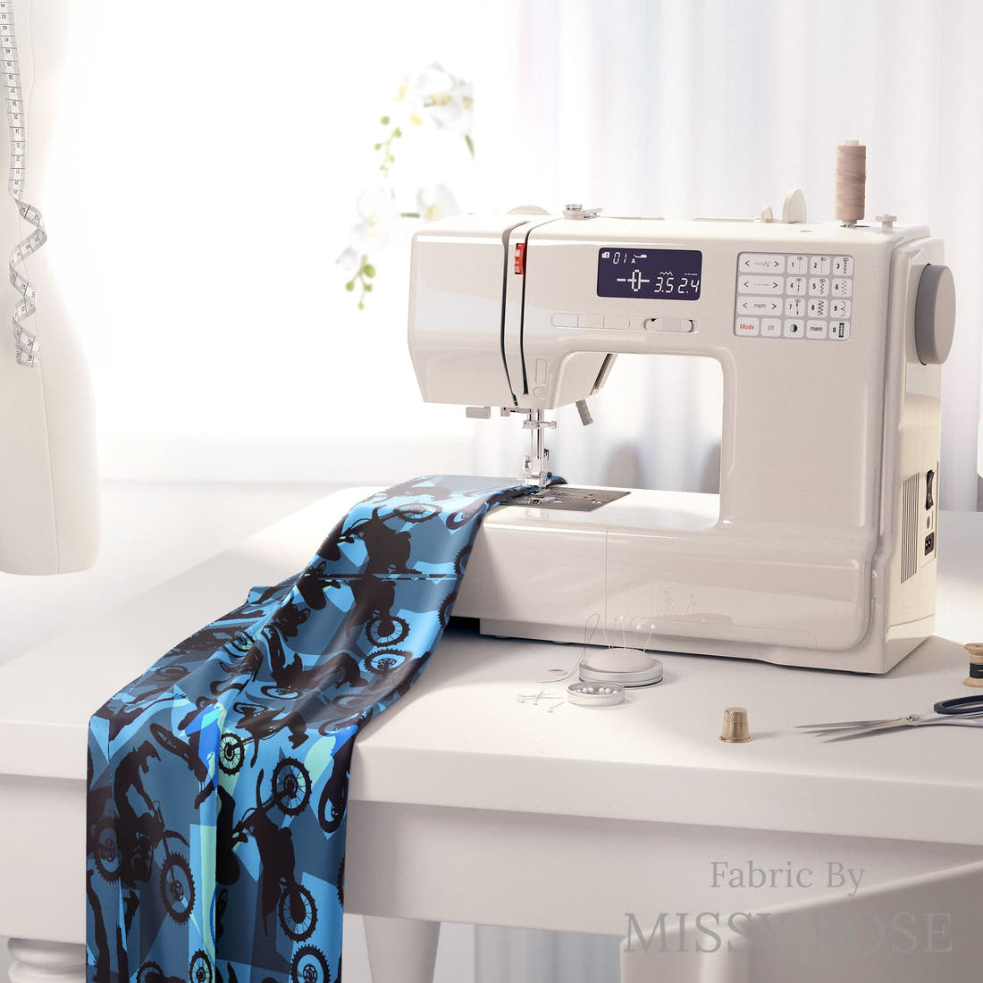 Design 461 Geometric Motorbike Fabric on a sewing machine – premium fabric for sewing projects | Fabric by Missy Rose