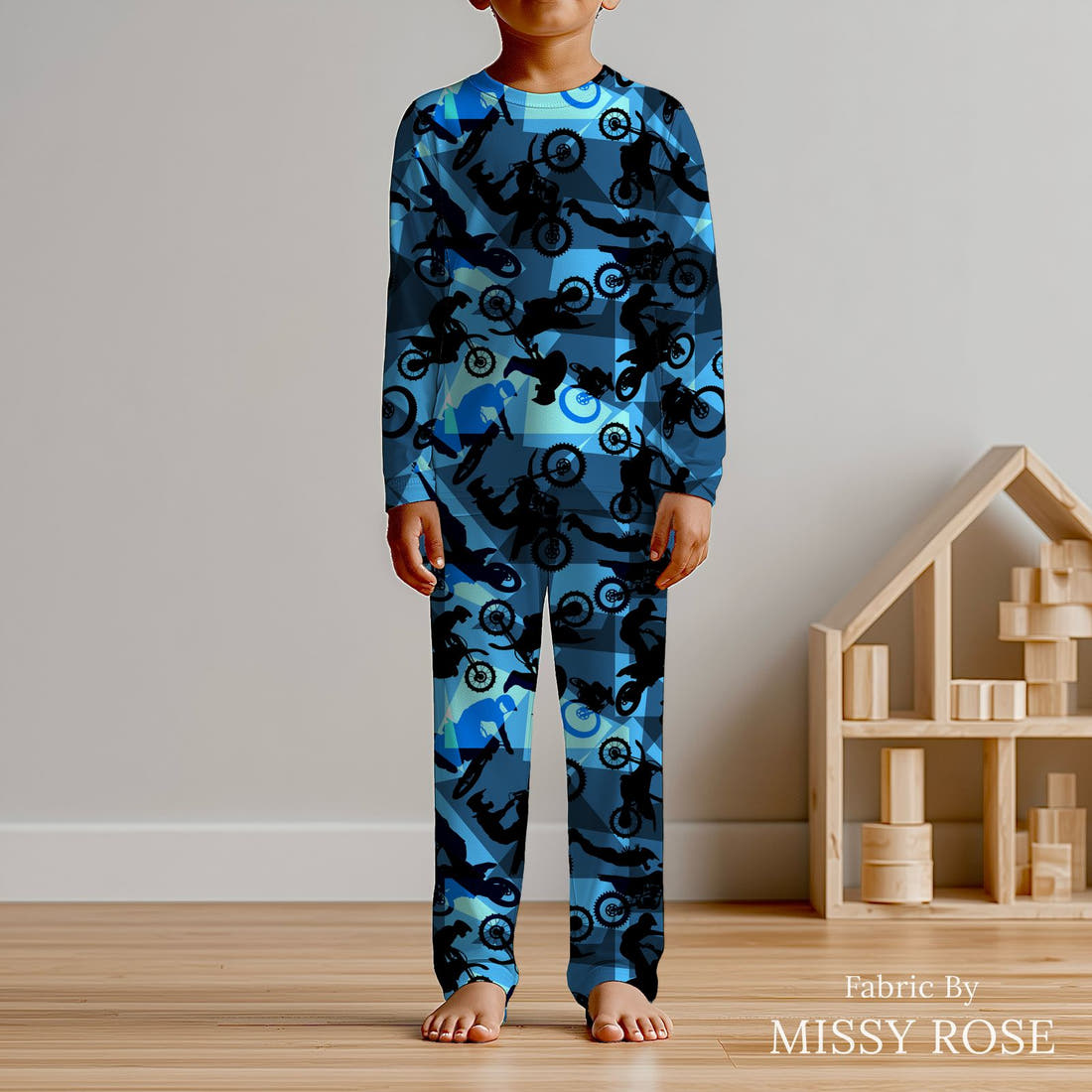 Design 461 Geometric Motorbike Fabric sewn into kids' pyjamas – see how the print looks made up | Fabric by Missy Rose