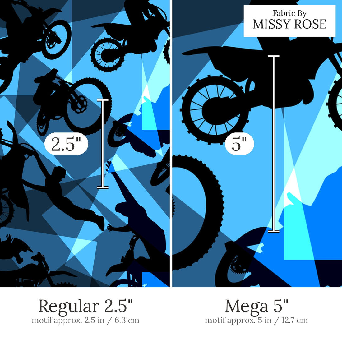 Design 461 Geometric Motorbike Fabric Regular 2.5 inch vs Mega 5 inch print scale side by side | Fabric by Missy Rose