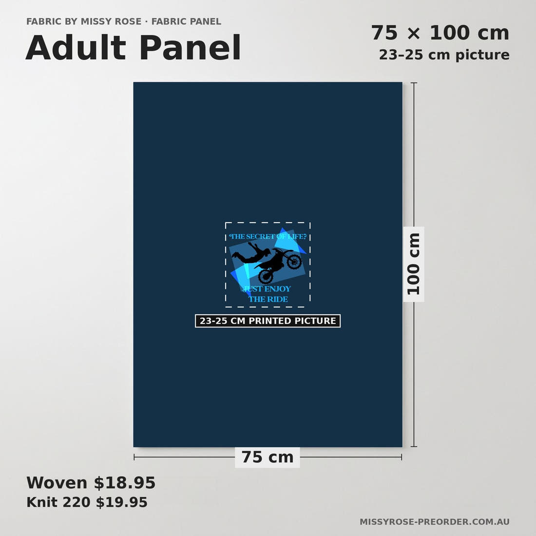 Design 461 Geometric Motorbike Panel adult panel sizing – 23–25 cm printed picture on 75 × 100 cm fabric | Fabric by Missy Rose