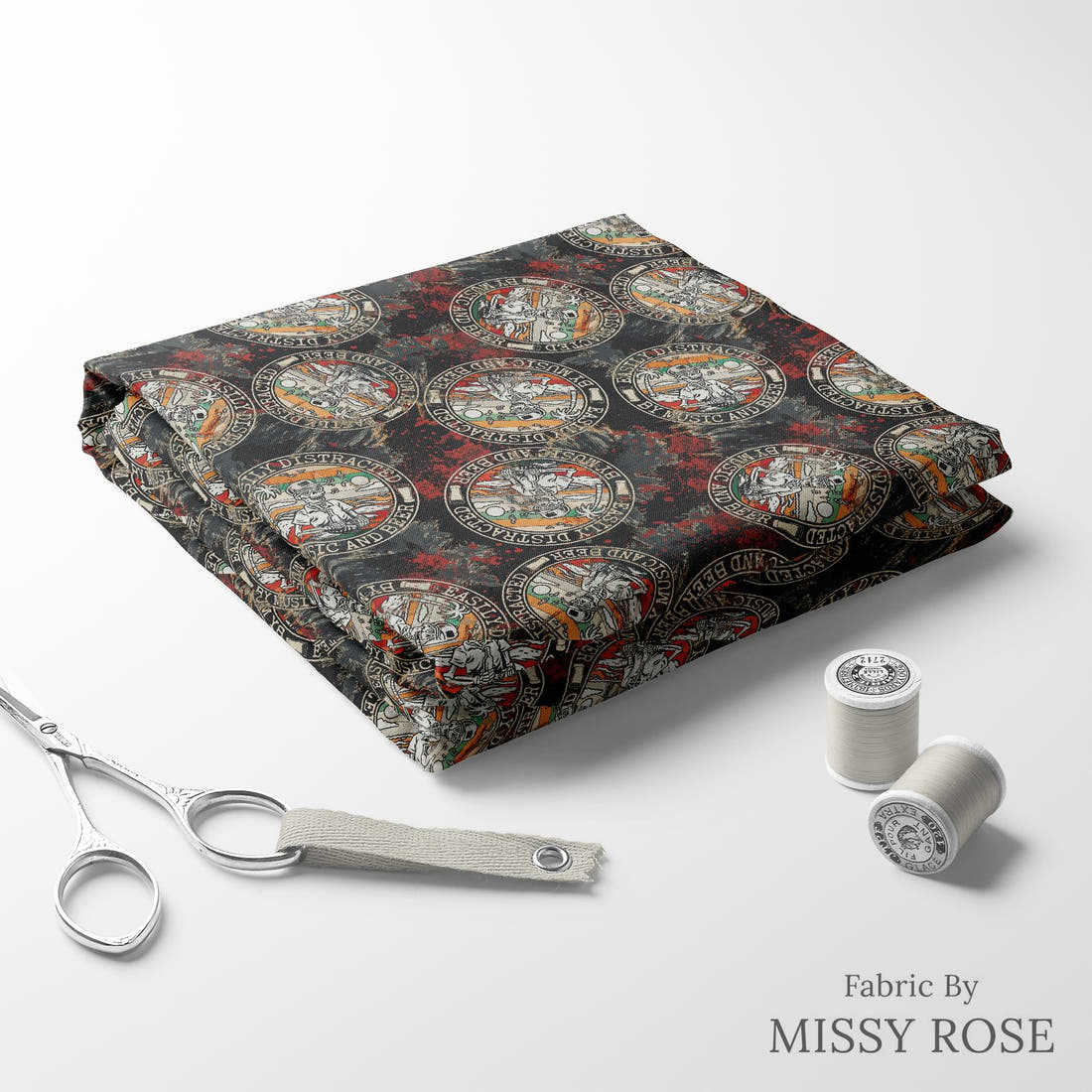 Design 462 Beer and Music Fabric folded fabric stack with matching thread – pre-order fabric Australia | Fabric by Missy Rose