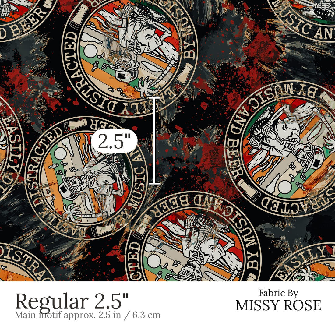 Design 462 Beer and Music Fabric Regular 2.5 inch print scale guide | Fabric by Missy Rose