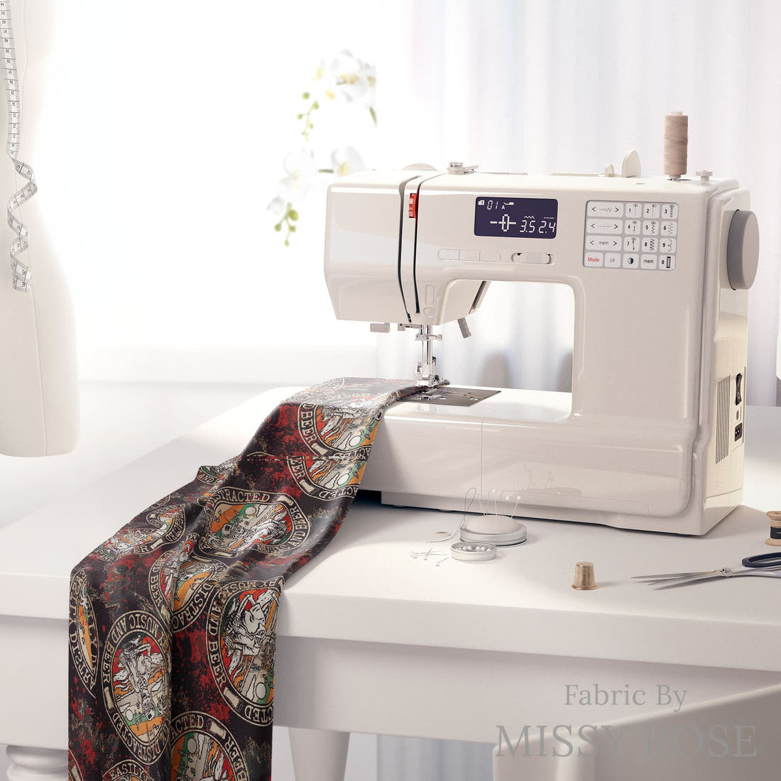 Design 462 Beer and Music Fabric on a sewing machine – premium fabric for sewing projects | Fabric by Missy Rose