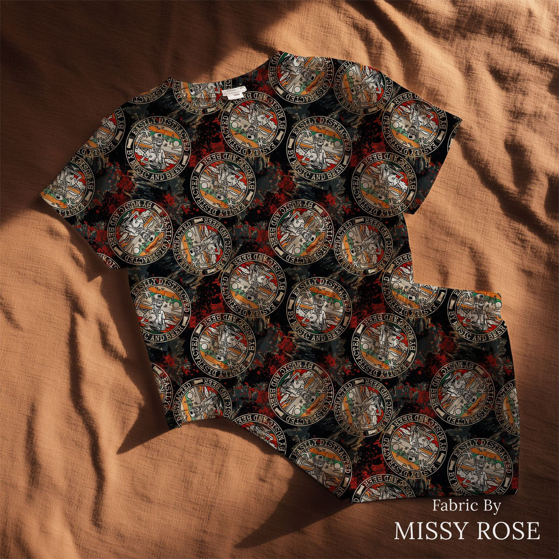 Design 462 Beer and Music Fabric sewn into a lounge set – see how the print looks made up | Fabric by Missy Rose