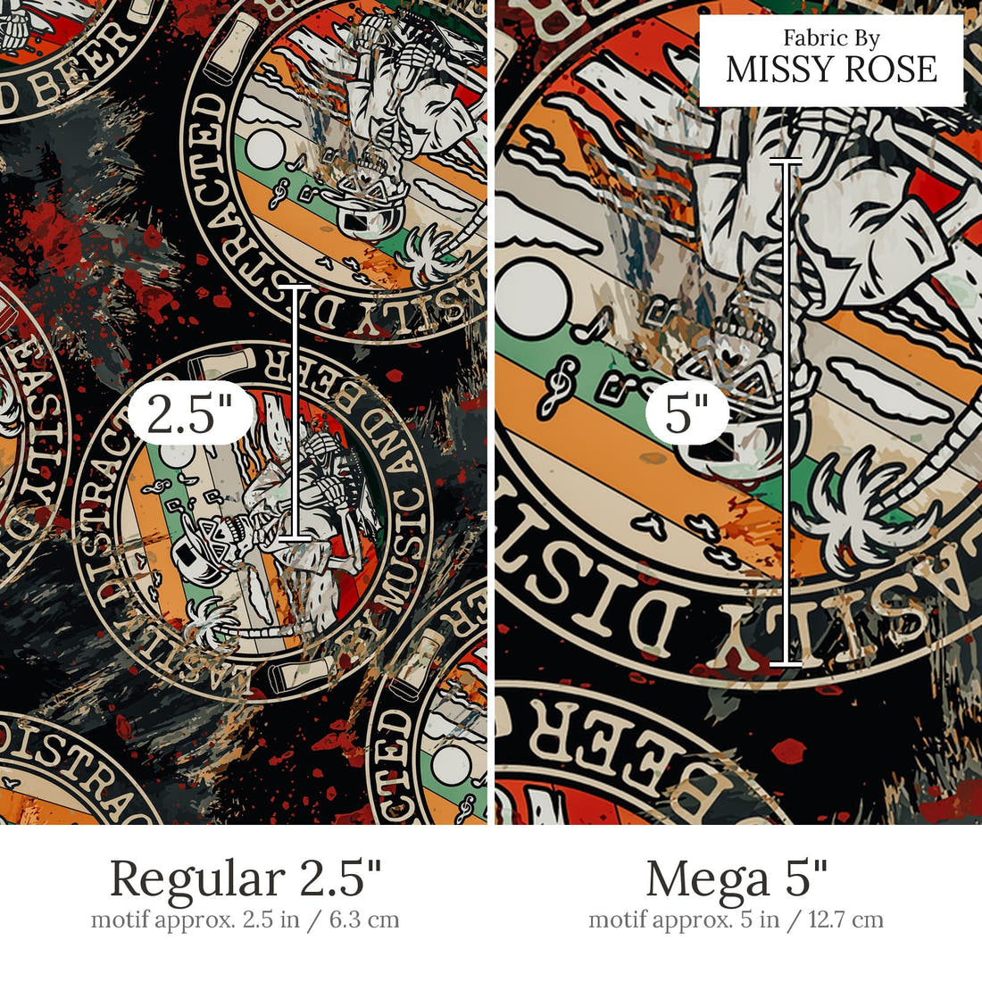 Design 462 Beer and Music Fabric Regular 2.5 inch vs Mega 5 inch print scale side by side | Fabric by Missy Rose