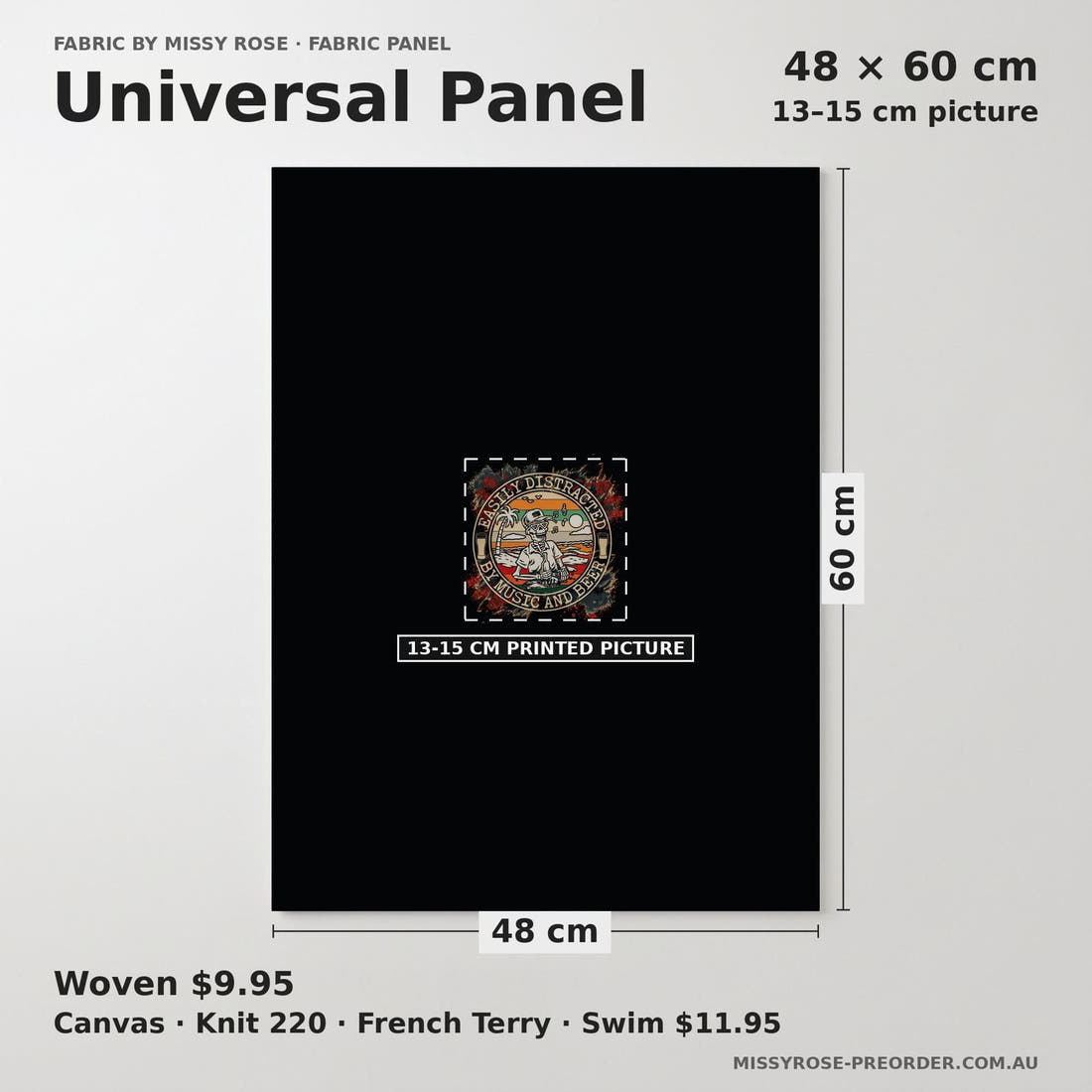 Design 462 Beer and Music Panel universal panel sizing – 13–15 cm printed picture on 48 × 60 cm fabric | Fabric by Missy Rose