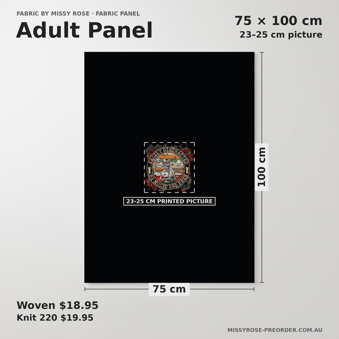 Design 462 Beer and Music Panel adult panel sizing – 23–25 cm printed picture on 75 × 100 cm fabric | Fabric by Missy Rose