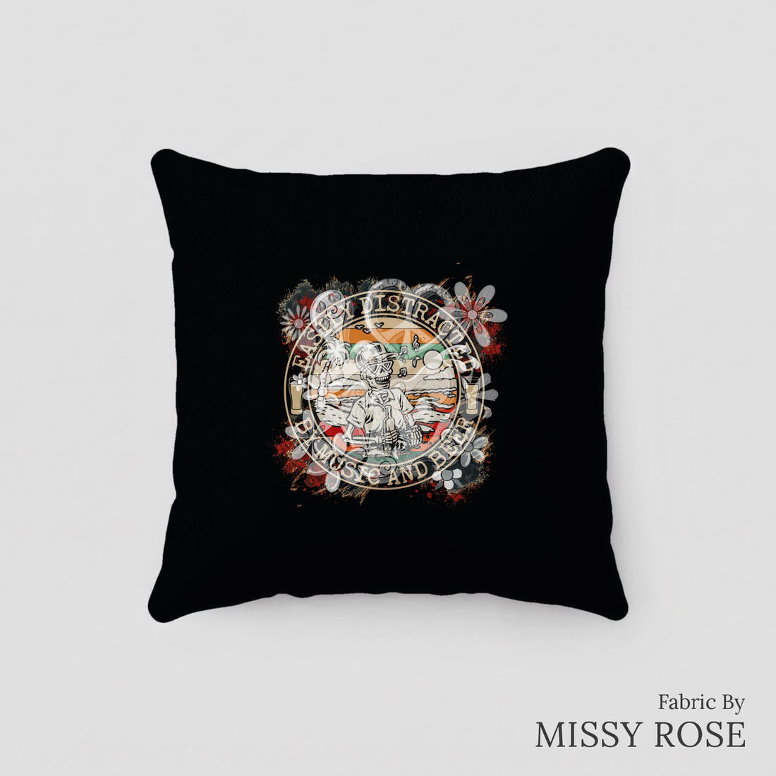 Design 462 Beer and Music Panel sewn into a cushion – see how the panel looks made up | Fabric by Missy Rose