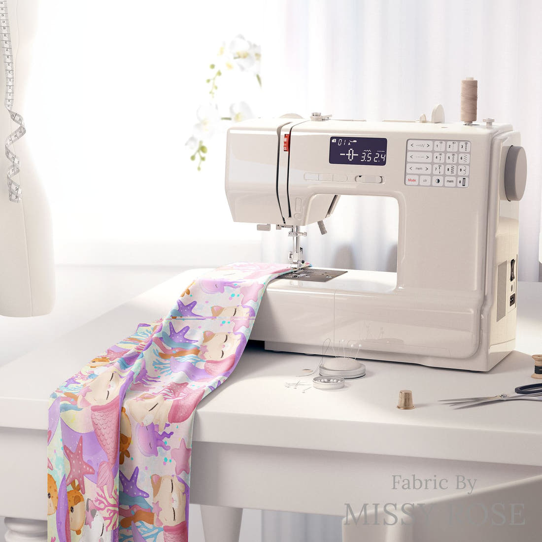 Design 463 Mercat Fabric on a sewing machine – premium fabric for sewing projects | Fabric by Missy Rose