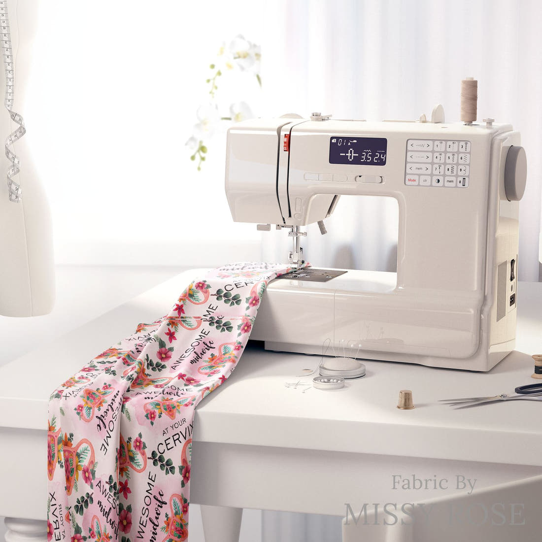 Design 464 Midwife Fabric on a sewing machine – premium fabric for sewing projects | Fabric by Missy Rose