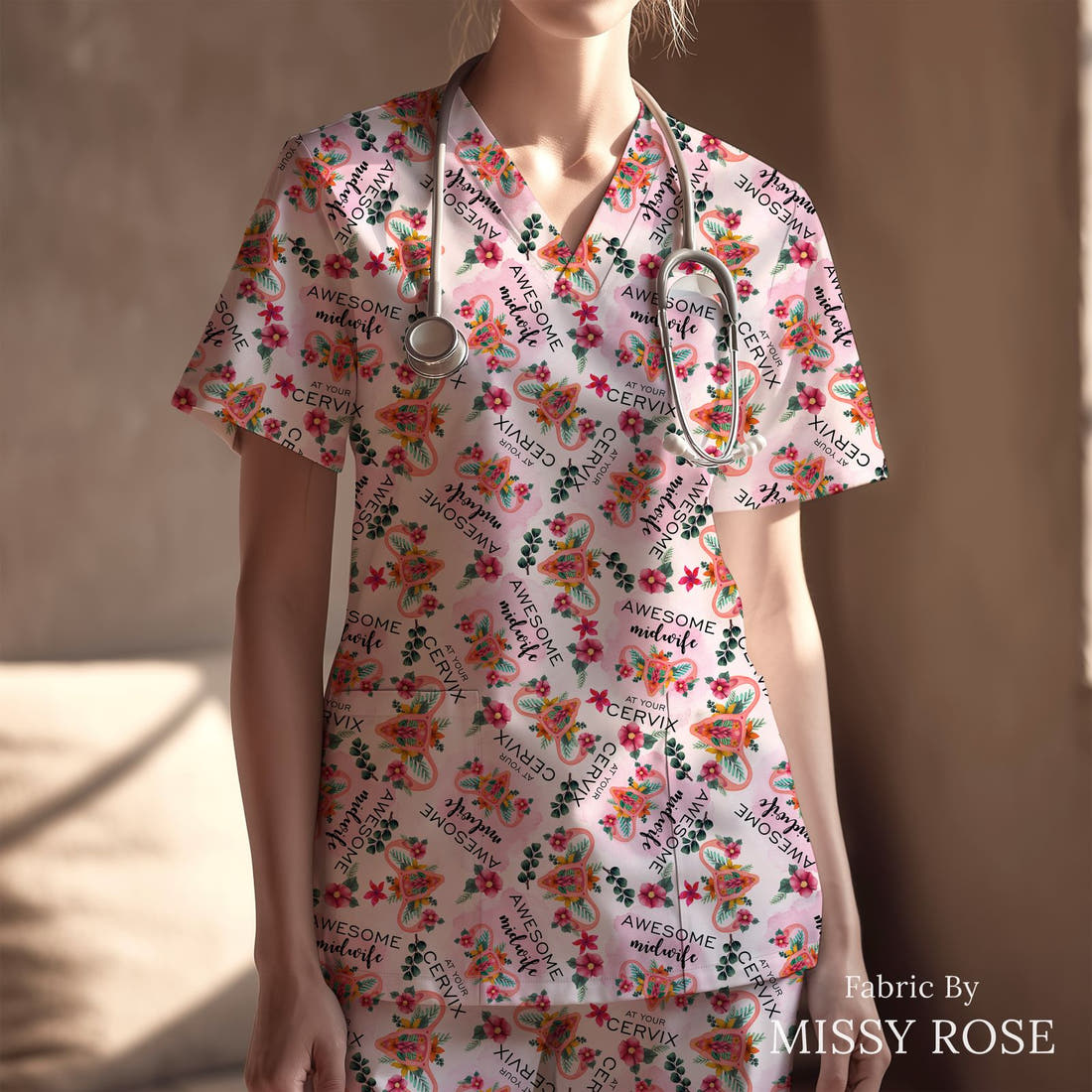 Design 464 Midwife Fabric sewn into a scrubs top – see how the print looks made up | Fabric by Missy Rose